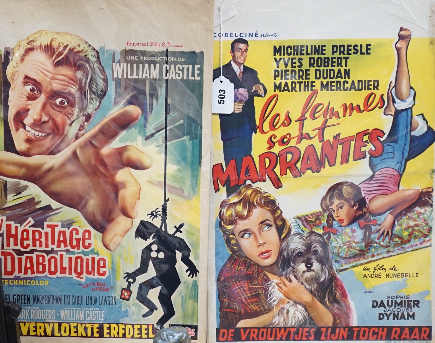 Two French film posters- 1958 ‘Les Femmes sont marrantes’, 1966 ‘‘l'heritage diabolique’, 55cms x 35cms
